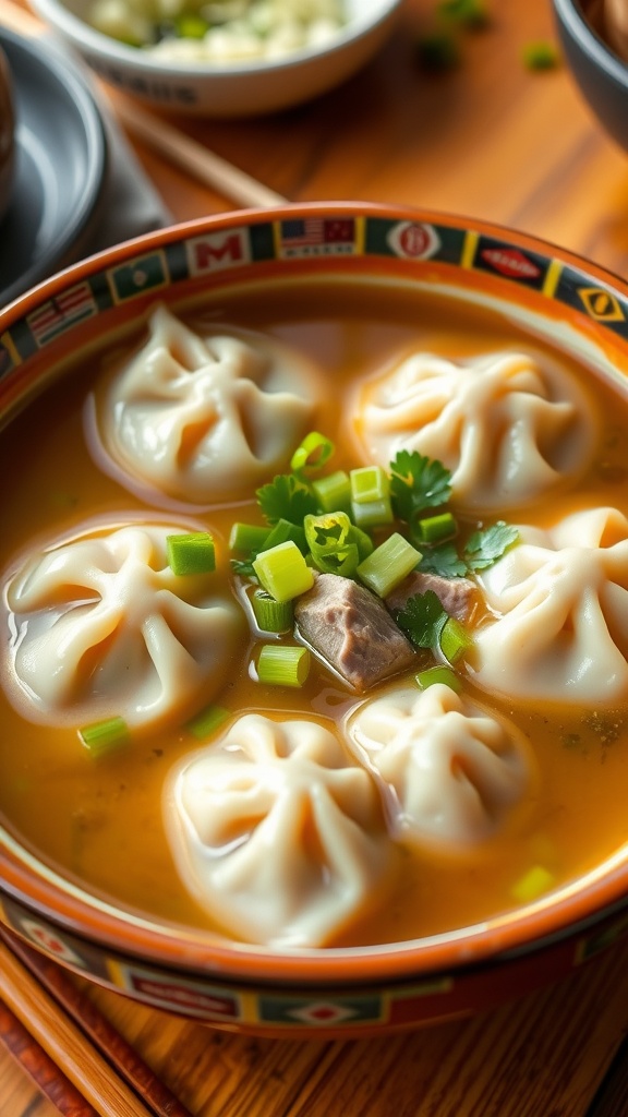 A bowl of pork wonton soup with wontons, green onions, and cilantro in clear broth, set in a cozy dining atmosphere.